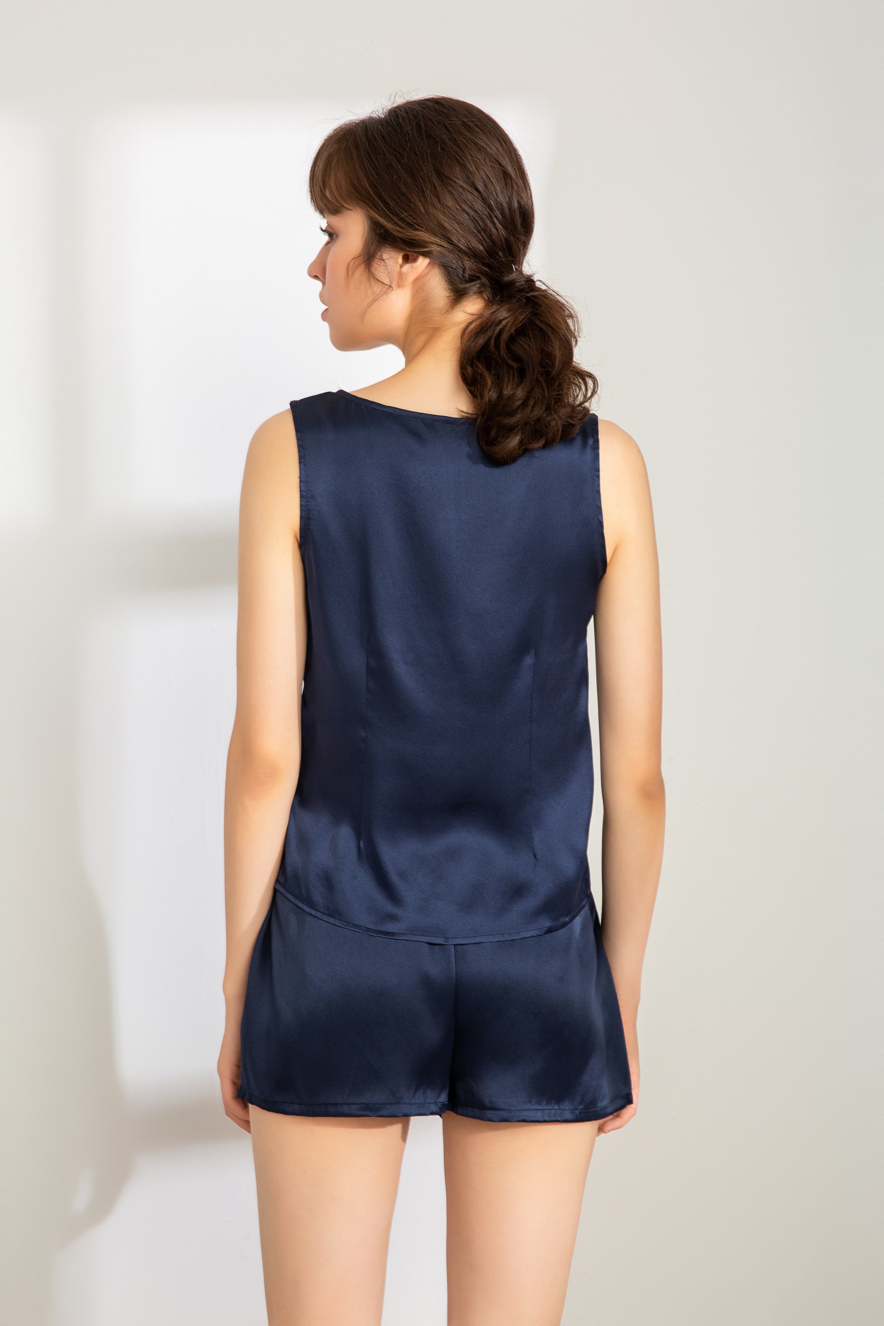 100% Mulberry Silk Pajama Set - Tank and Shorts - 6 Colors Navy Blue,B –  Lepton Silk