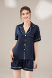 LEPTON 100% 19mm Short Sleeve Mulberry Silk Pajama Set - Navy Blue