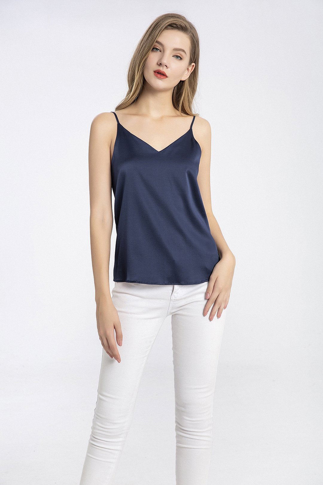 100% Premium Mulberry Silk Cami Top With Gift Box- Navy, 54% OFF